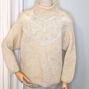 Vintage 80s Jennifer Reed Sweater Ivory Cottage Core Hand Knitted Rosettes SZ S